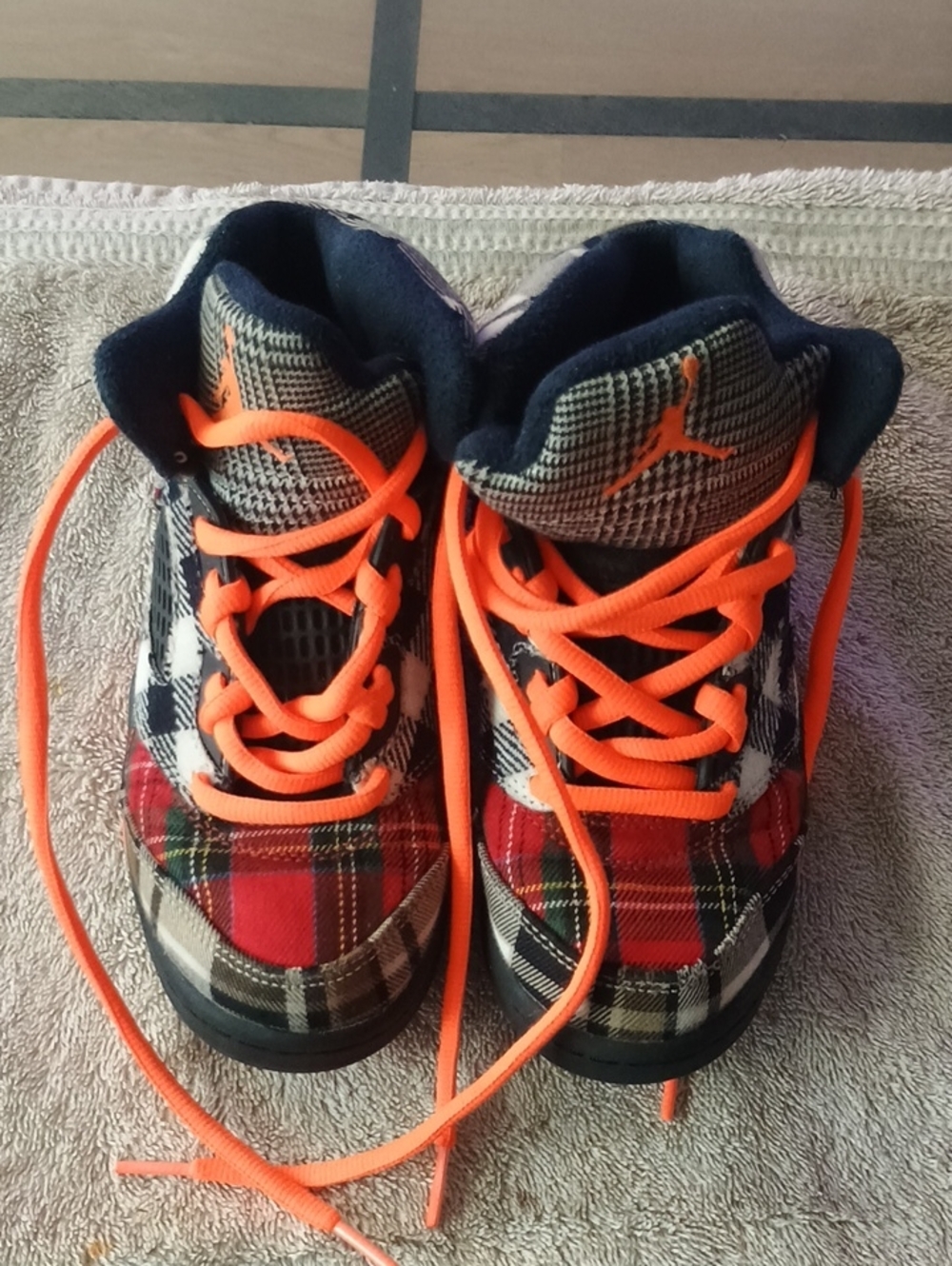 Jordan Kids Plaid High-Top Sneakers in Orange, Red, Black